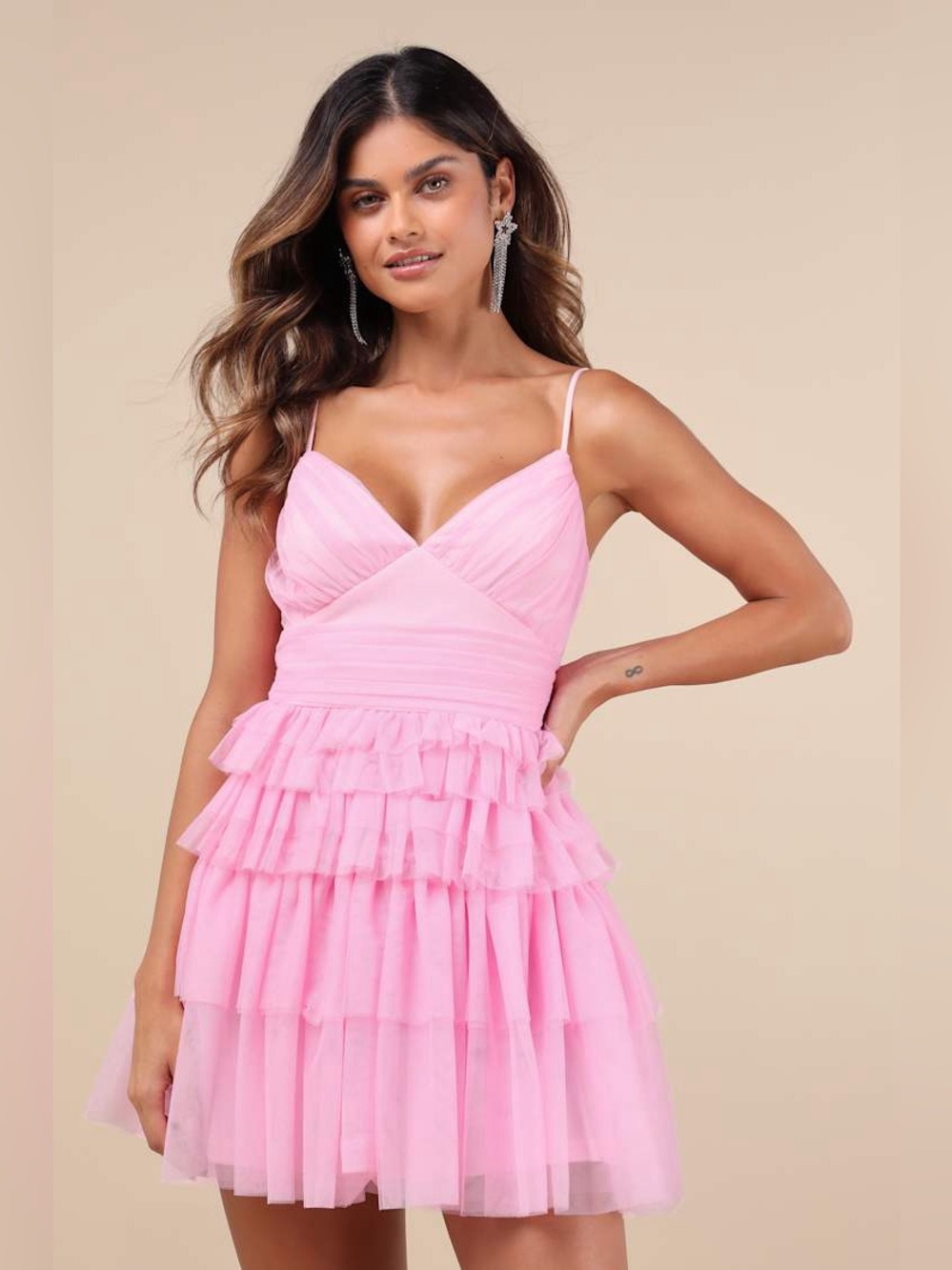 NWT Lulu’s Special Poise Pink Tulle Pleated Sleeveless Tiered Mini Dress - Small